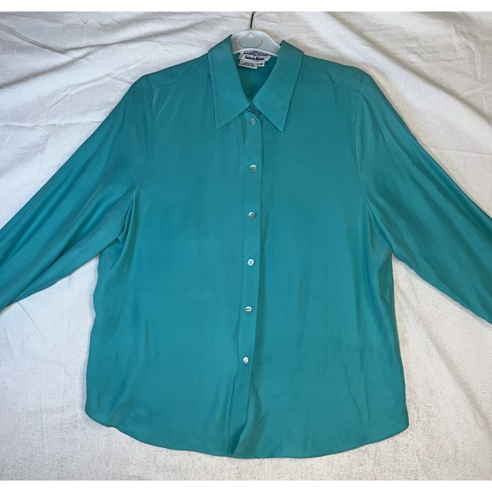 Starington for Neiman Marcus Vintage 100% Silk Teal Button Down Blouse Size 10‎